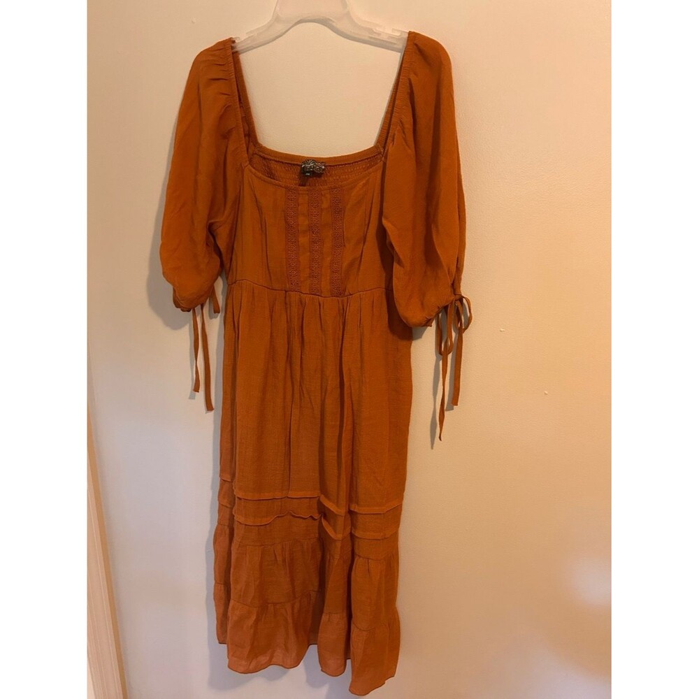 J Gee Terracotta Boho Tiered Ruffle Dress Boho Puff Sleeve Smocked Back Size PXL